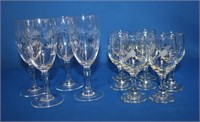 Etched glassware, four 5.75" wine glasses and