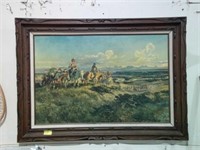 LARGE FRAMED C.M. RUSSELL PRINT ON CANVAS
