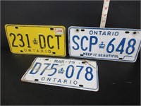 LOT OF 3 OLD ONTARIO LICENSE PLATES