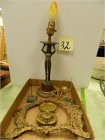 Art Deco Lamp, Travel Ink Well & Other Brass Pcs.