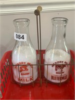 VTG HICKORY HILL MILK BOTTLE IN HOLDER, FRAME,ETC