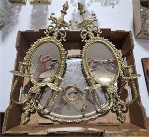 PAIR OF MIRRORED BRASS SCONCES & TRAY