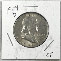 1954-D Franklin Silver Half Dollar, US 50c Coin