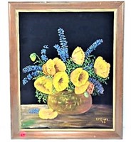 R F Clark 1935 Floral Painting on Velvet in Frame