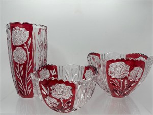 Red and clear crystal rose vase and bowls