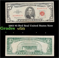 1963 $5 Red Seal United States Note Grades vf+