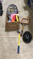 Badminton accessories, frisbees, helmet