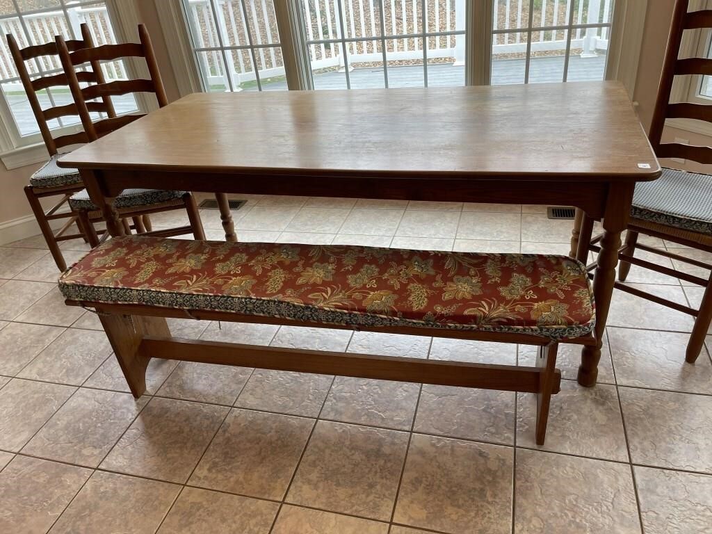 DINING ROOM TABLE, 4 CHAIRS & BENCH WITH CUSHIONS