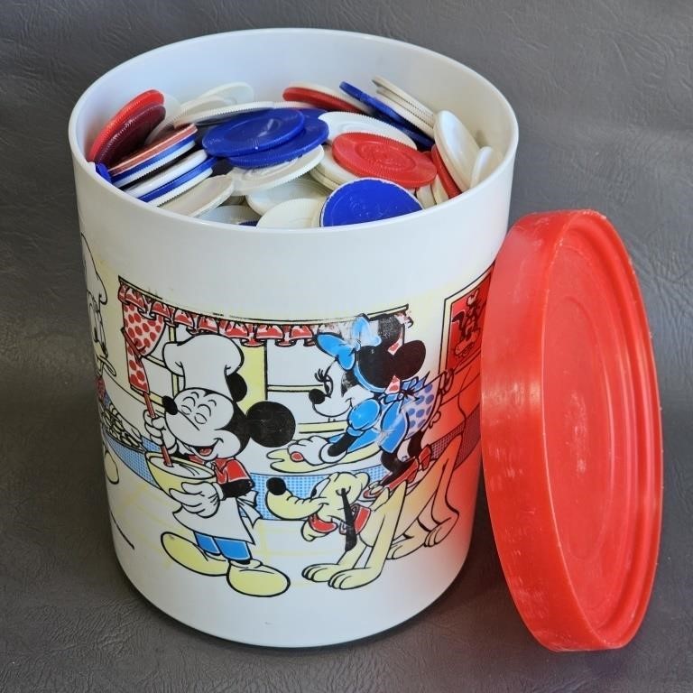 Assorted Plastic Poker Chips in Disney Canister