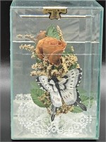 Real Butterfly & Red Rose in Mirrored Glass Case