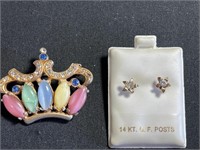 Vintage crown brooch and pierced earrings with