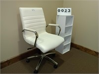 White and chrome office chair and side shelf