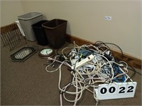 Extension cords, Trash cans, clock, mirror