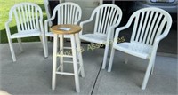 Three Plastic Chairs, One Stool