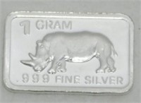 1 gram Silver Ingot - Rhino, .999 Fine