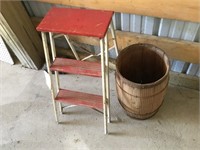 Antique folding step stool & wooden nail keg.
