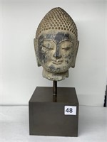 STONE CARVED BUDDHA HEAD ON STAND, 14"