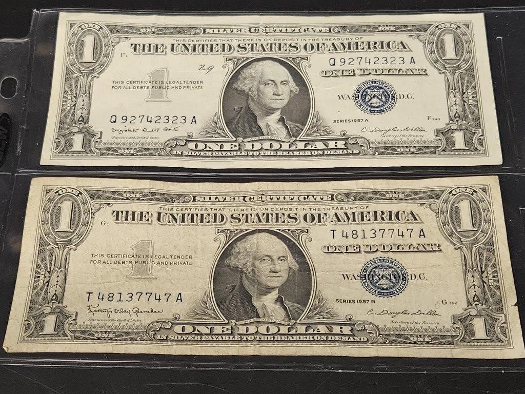 2-1957A & B Silver Seal $1 Dollar Bills