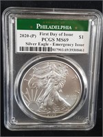 2020 Silver Eagle PCGS MS69  First Day/Emerg. Iss.