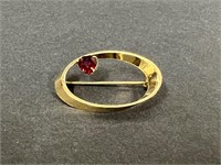 Vintage Gorgeous Gold Tone Brooch with Red Stone