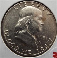 1951-D Franklin half dollar. BU. Better date.
