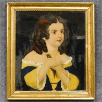 19th C. Eglomise Portrait of a Young Girl and Bird