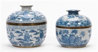 2PC., CHINESE BLUE & WHITE FIGURAL COVERED BOWLS
