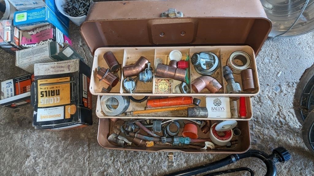 Steel Tool/tackle box with plumbing supply content