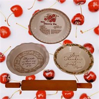 3 > STONEWARE PIE PLATES PASTRY BAKER ROLLING PIN