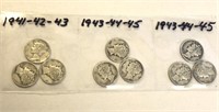 SILVER Mercury Dime LOT x 9 1941-45