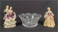 Two Porcelain Figures and Leaded Crystal Bowl