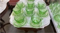 8 Madrid Vaseline glass cups and saucers