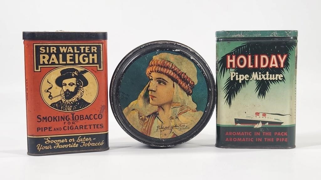 2) ANTIQUE PIPE TOBACCO TINS, CANDY TIN