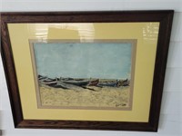 BOATS ON SAND SIGNED PAINTING 22.5" X 15"