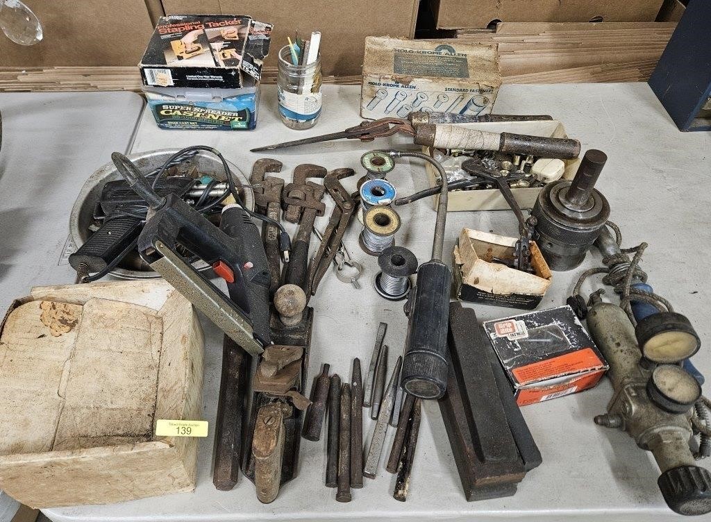 LOT OF PIPE WRENCHES, PUNCHES, SHARPENING STONES A
