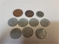 10x vintage foreign coins francs, 5 pesos, 10