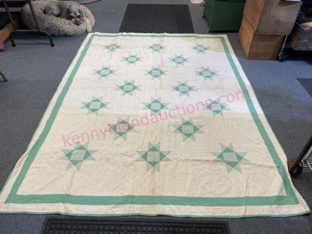 Antique hand done quilt 8-point green star