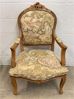 Vintage Carved Wood Upholstered Arm Chair