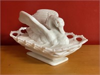 Antique Milkglass Swan on Lattice Basketweave Base