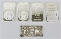 5 One Troy Ounce Fine Silver Bars.