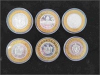 Set of Six .999 Fine Silver Casino Gaming Tokens