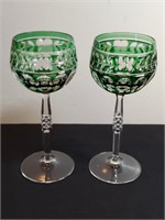2pc Hand Blown Green Flashed Stem Glasses Green