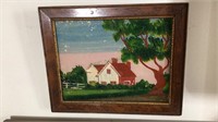 Small framed reverse painted on glass farmhouse,