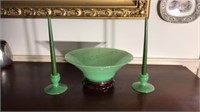 Jadeite console bowl and matching candlesticks,