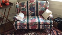 Floral upholstered settee sofa, front cabriole