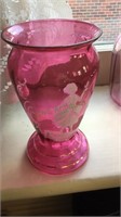 Antique Mary Gregory cranberry glass vase, nice