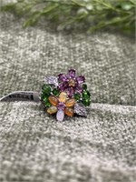 Multi-Color Opal & Gemstone Sterling Flower Ring