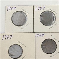 Group Of 4 Indian Head Pennies, 1907