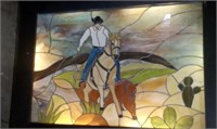 44" X 32" & 4" LEADED GLASS LIGHTED COWBOY PICTURE
