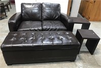 Brown leather loveseat, ottoman & side tables